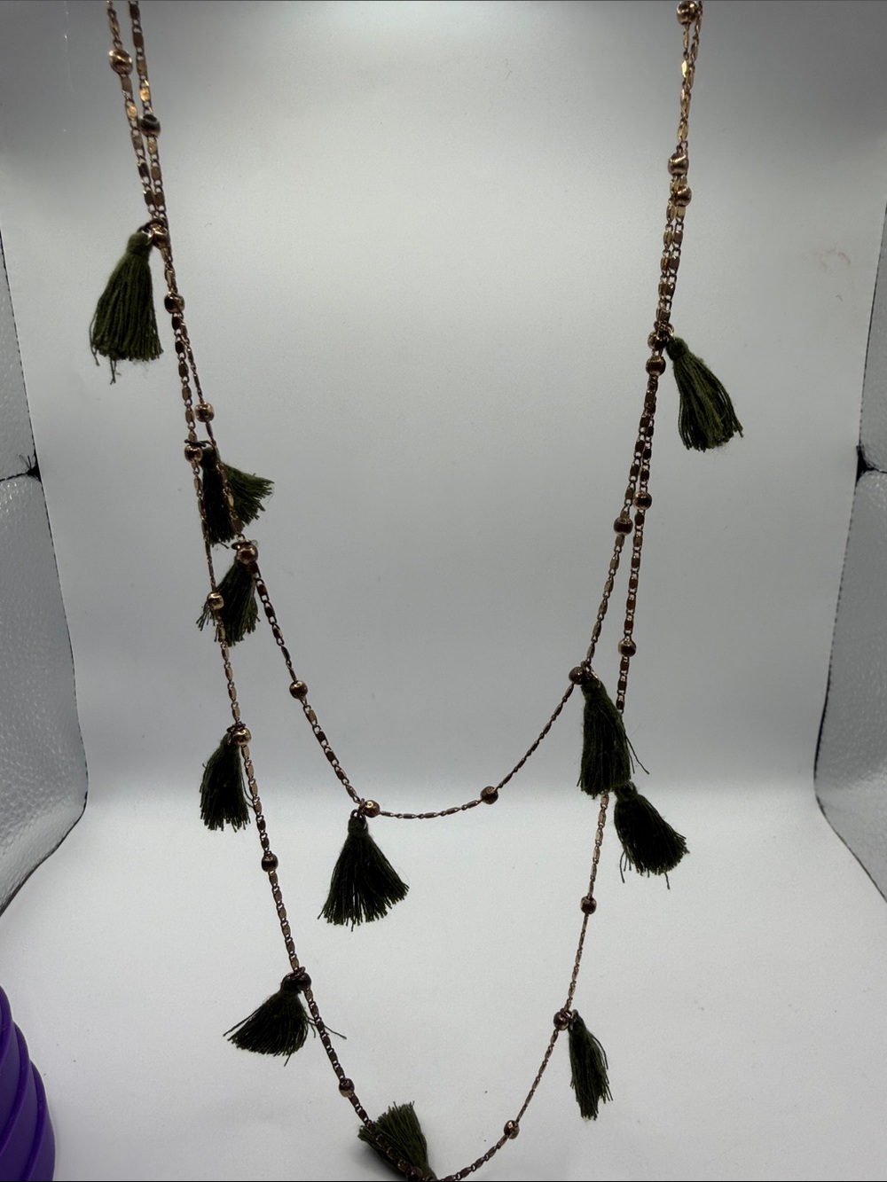 Long Gold Tone Olive Green Tassel Boho Layered Necklace